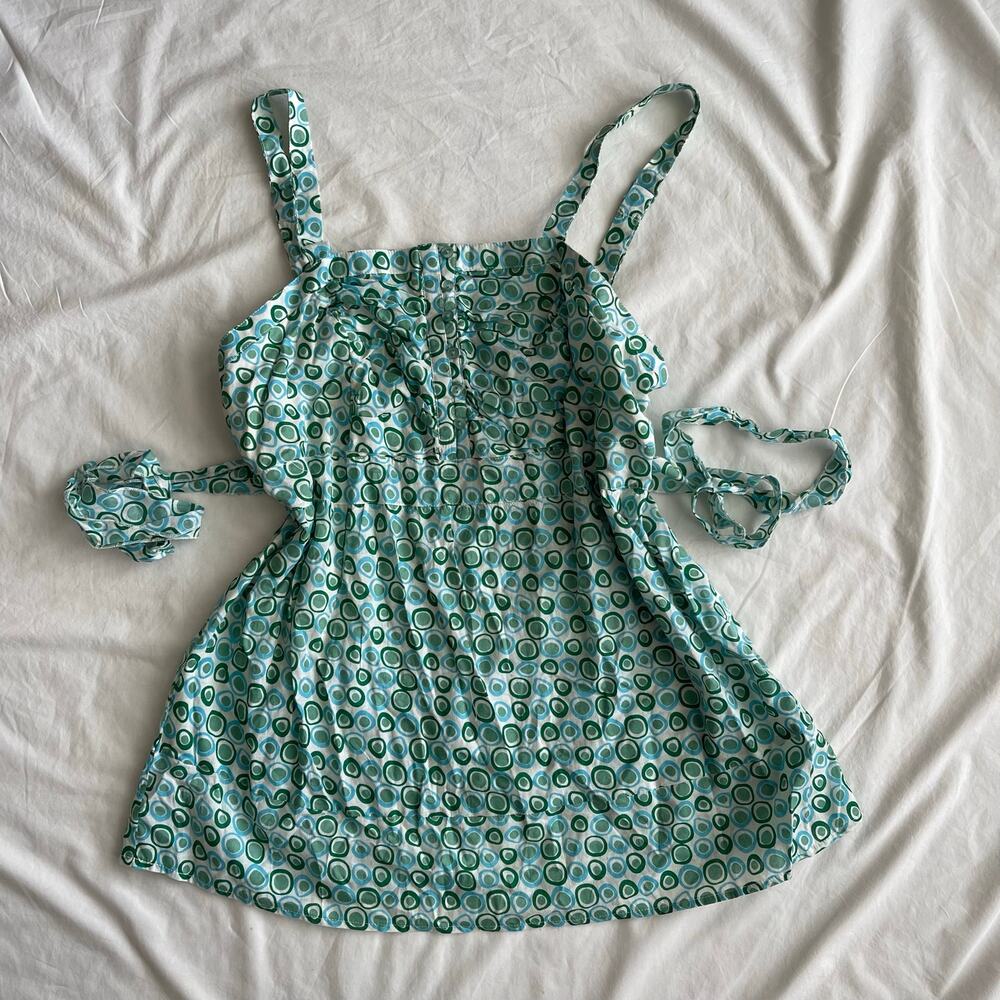 Y2K Aqua Geometric Cotton Babydoll Tank Top - Tie Back Retro Summer - Size XL